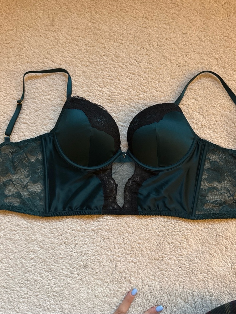 Women’s Green and Black Lace-Trim Longline Corset Push-up Bra